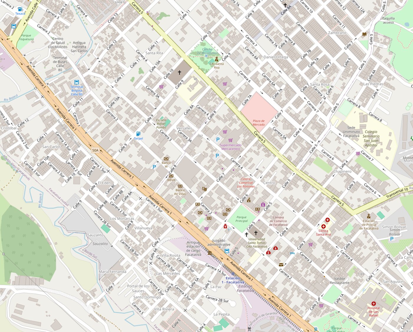 Mapa de Facatativá con la ubicación de Mi Viejo Hotel, Hotel Casa Medina y Hotel Costa Azul
